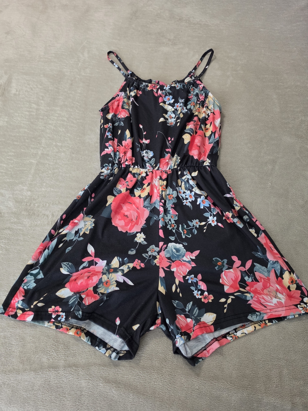 Women’s Black Floral Romper with Pink Rose Print Med.